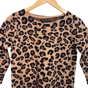 Tahari Small Womens‎ Leopard Print Knit 3/4 Sleeve Sweater Cuffed Crew Neck